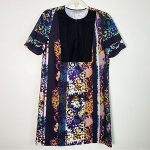 Clover Canyon Floral Stripe Shift Dress Short Sleeve Black Multicolor Medium